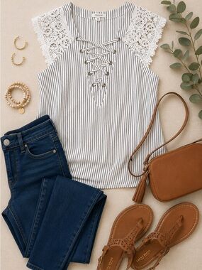Maurices White & Black Pinstripe Lace-Up Crochet Sleeve Top